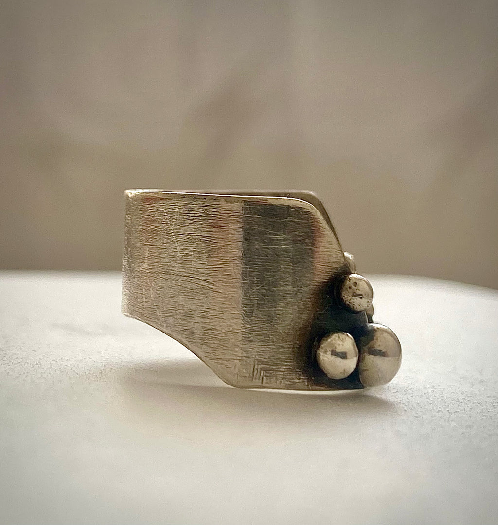  Architectural sterling silver ring with symmetrical V-cut design and granule detailing, bold handmade ring by After Eleven Jewelry